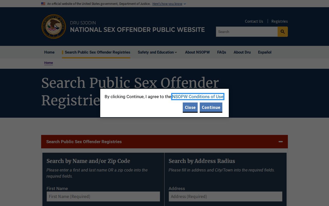 National Sex Offender Public Website registry search page